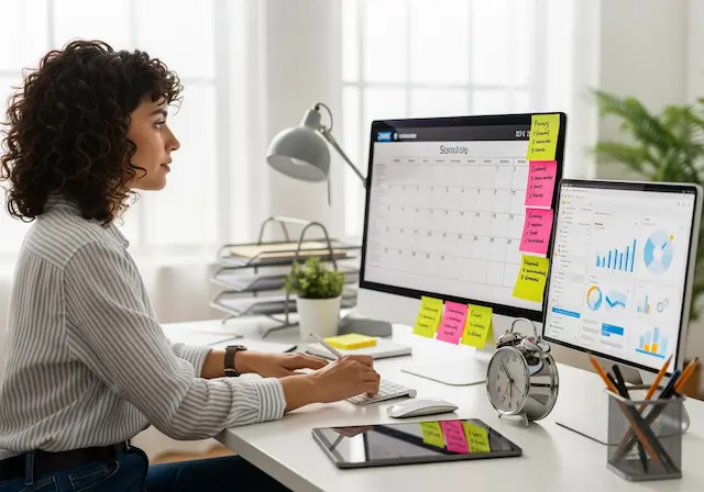 Small business owner organizing time management schedule with calendar, clock, and productivity tools on computer desktop